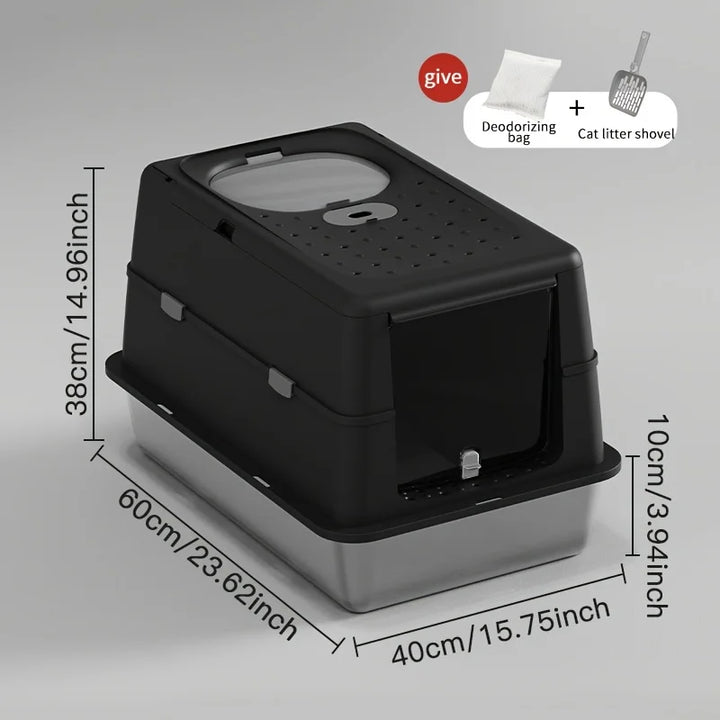 Bac à litière chat en acier inoxydable avec couvercle basculant – Modèle "SteelFlip Premium"