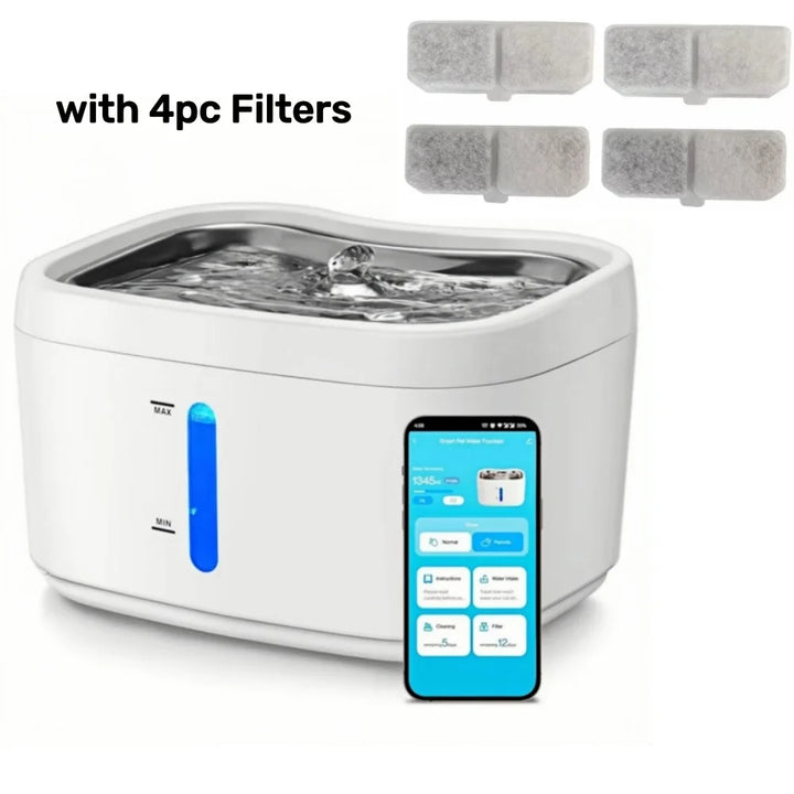 Fontaine à eau intelligente blanche avec 4 filtres, écran tactile et contrôle d'application.