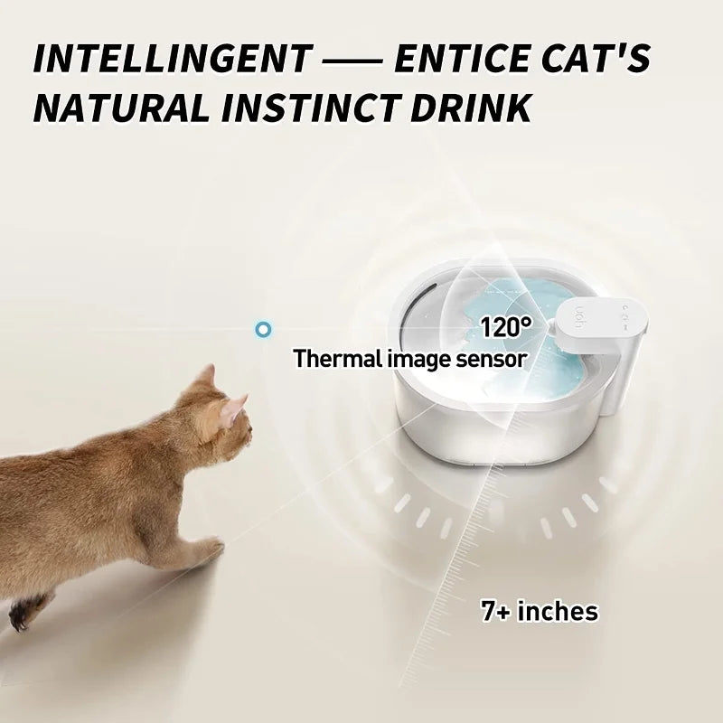 Fontaine à eau intelligente pour chat, capteur thermique, design moderne, taille 7+ pouces, coloris argenté.