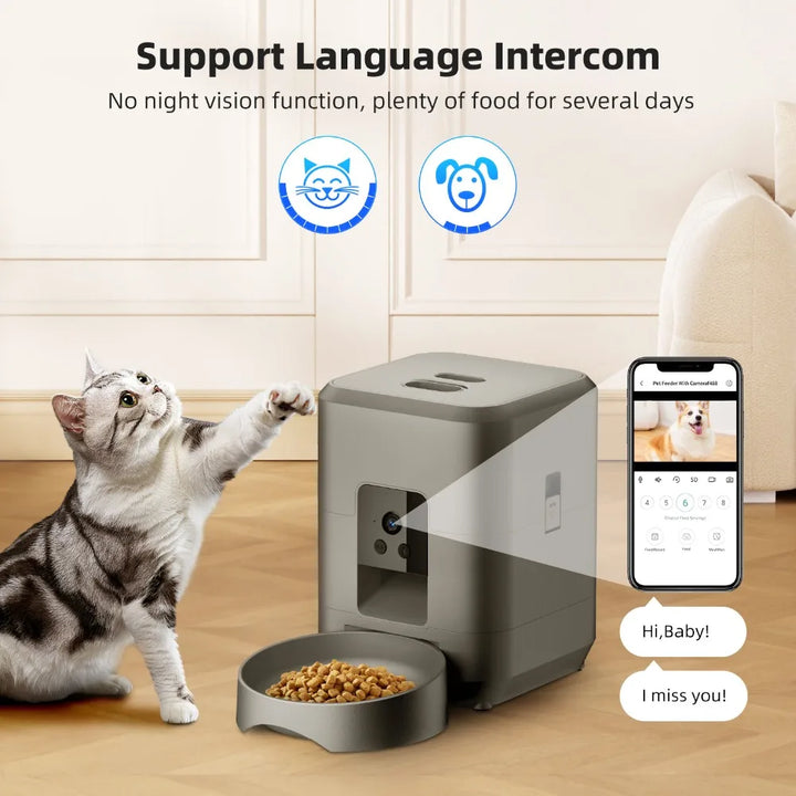 Distributeur automatique de nourriture pour animaux, couleur grise, avec caméra et intercom, convient aux chats et chiens.