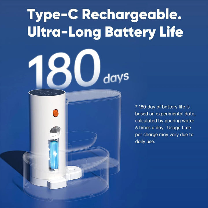 Distributeur d'eau rechargeable Type-C, couleur blanche, autonomie de 180 jours, design moderne.