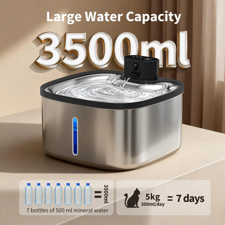 Fontaine à eau pour animaux, capacité 3500ml, en acier inoxydable, design moderne.