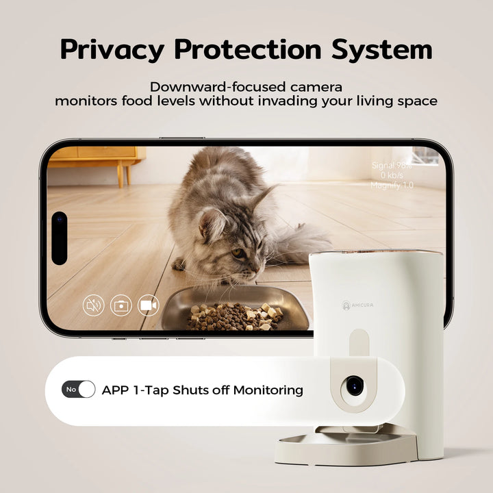 Système de protection de la vie privée avec caméra, surveillant la nourriture des animaux, design élégant, couleur blanche.