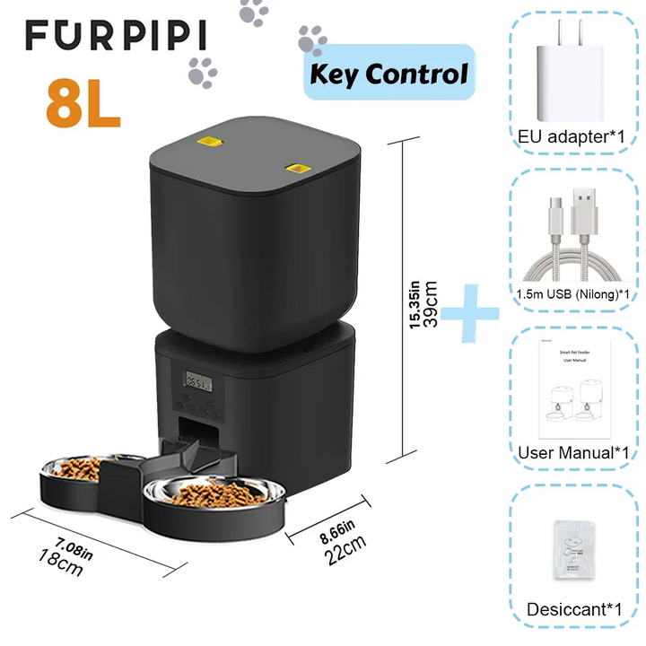 Distributeur automatique de nourriture pour animaux Furpipi, noir, 8L, avec contrôle clé, adaptateur EU inclus