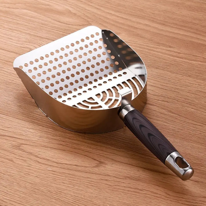 Pelle à litière pour chat en acier inoxydable avec manche bois ergonomique "Main Propre"