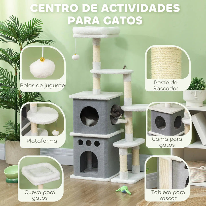 Arbre à chat 126 cm crème avec niches, hamac et griffoirs