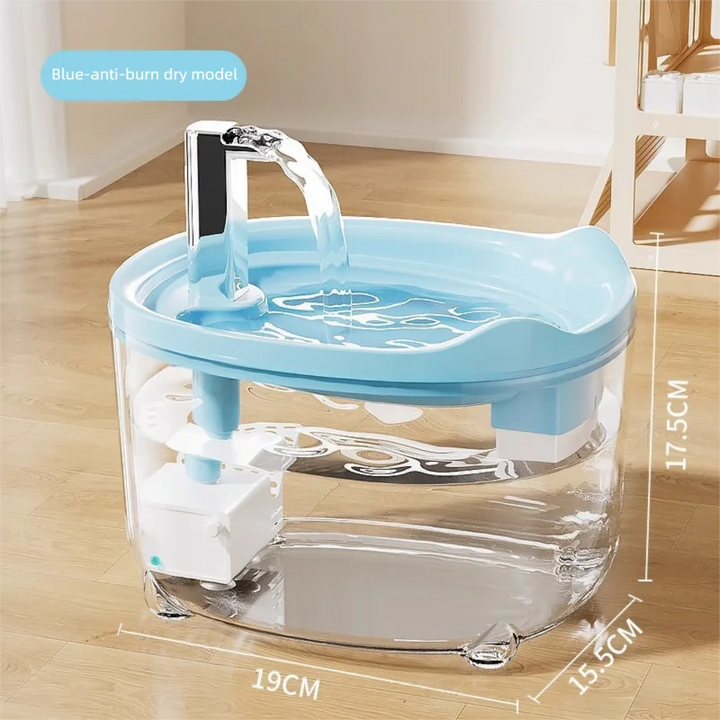 Modèle bleu anti-brûlure, bassin transparent, dimensions 19x15.5x17.5 cm, parfait pour divers usages.