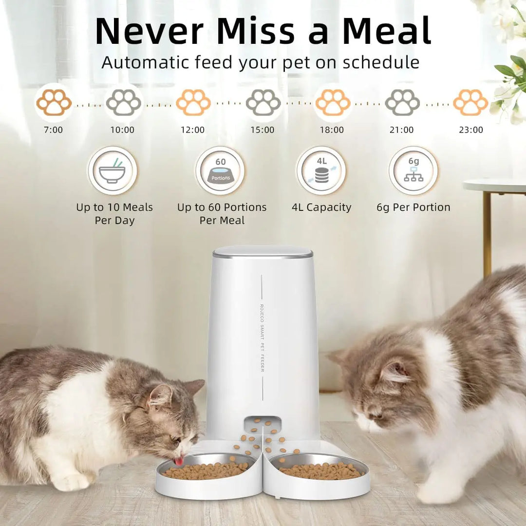 Distributeur automatique de nourriture pour animaux, 4L, blanc, 10 repas par jour, 6g par portion.