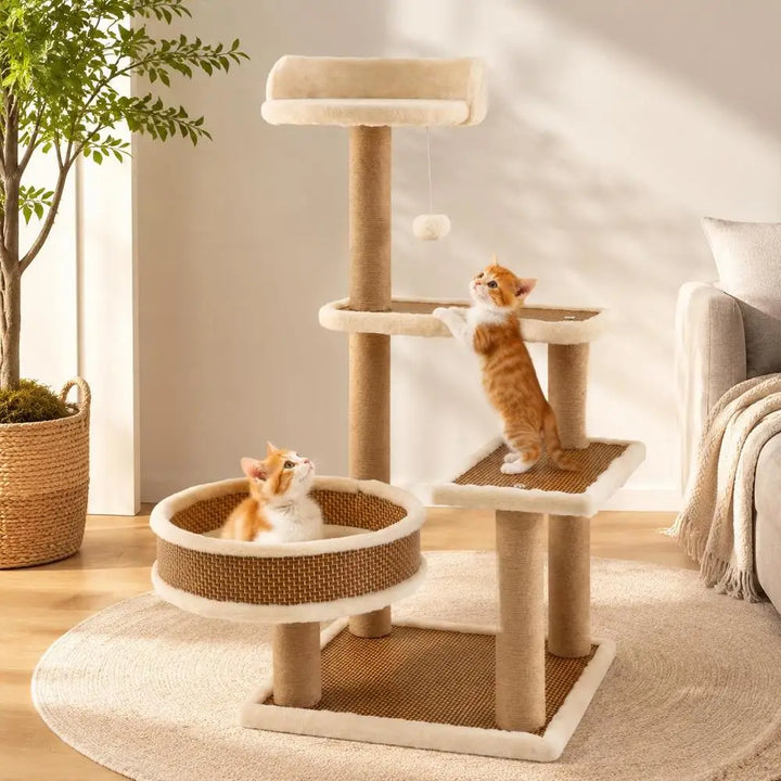 Arbre à chat 90 cm avec natte en rotin tressé et coussin amovible
