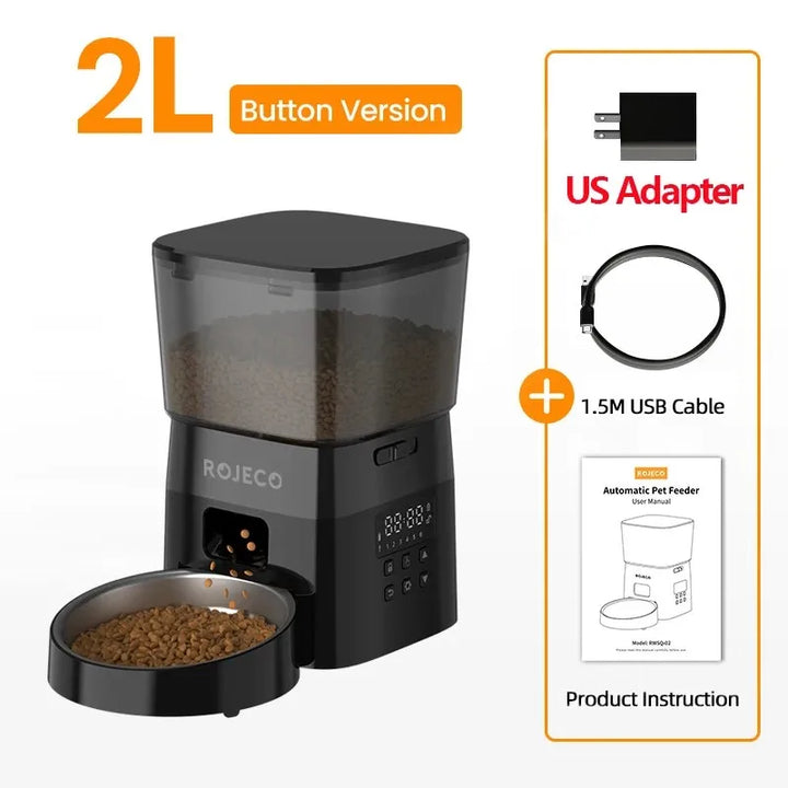 Distributeur automatique de croquettes 2L Rojeco, noir, avec adaptateur US et câble USB de 1,5 m.