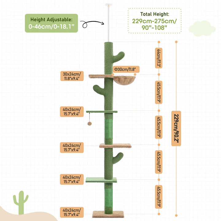 Arbre à chat ajustable du sol au plafond en forme de cactus - Modèle : "CactusEscapade"