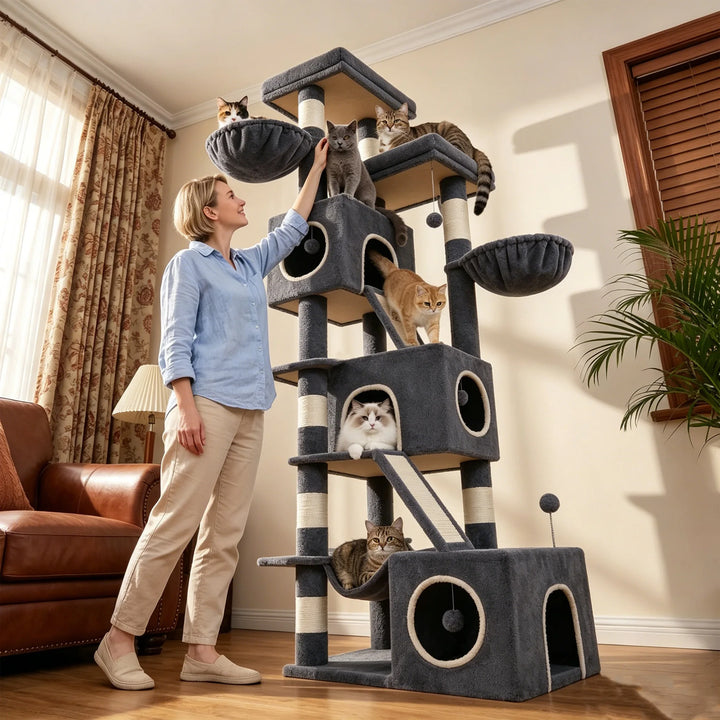 Arbre à chat XXL 213 cm gris pour Maine Coon avec niches et hamac