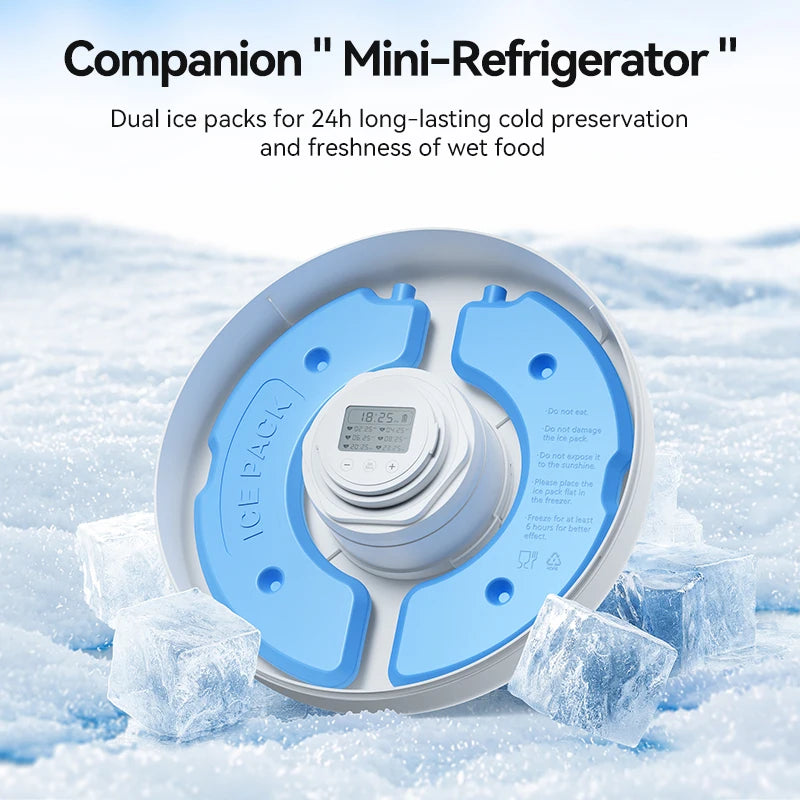Mini-réfrigérateur compagnon bleu avec pack de glace pour conservation de nourriture humide durant 24h.