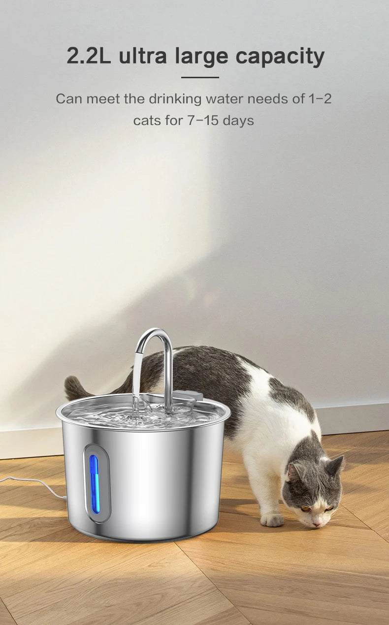 Fontaine à eau pour chat en acier inoxydable, capacité 2,2L, pour 1-2 chats, design moderne.
