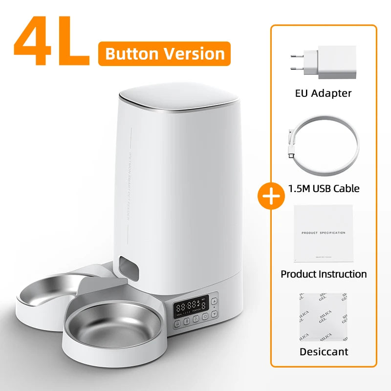 Distributeur automatique de nourriture 4L, blanc, avec USB, adaptateur EU, bol en acier inoxydable.
