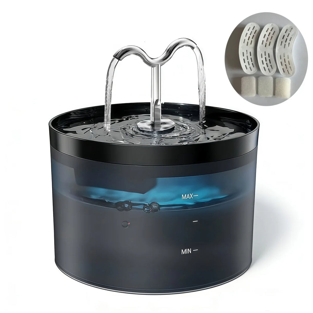 Fontaine pour animaux en plastique noir avec eau et filtre, design moderne, régulateur de niveau.