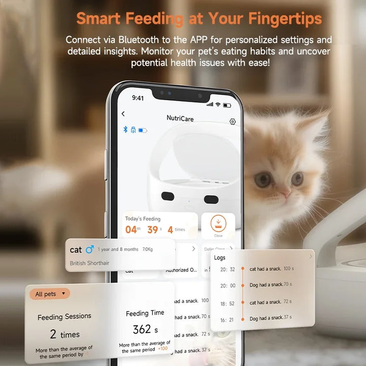 Distributeur de nourriture intelligent blanc, connectivité Bluetooth, suivi des habitudes alimentaires des animaux.
