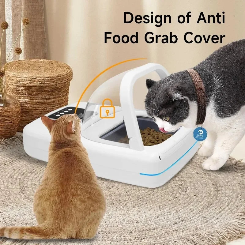 Distributeur automatique pour chats, couleur blanche, avec couvercle anti-food grab, design innovant.