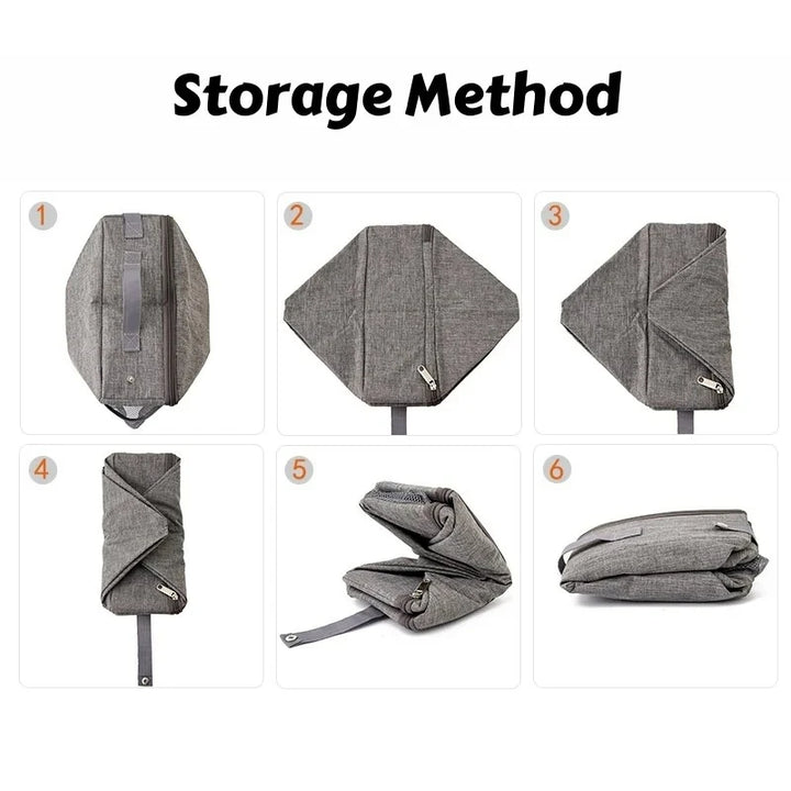 Sac de rangement gris en tissu, méthodes de pliage pour un rangement compact.
