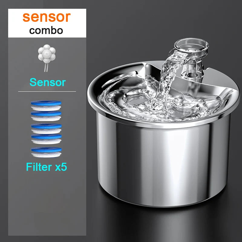 Fontaine à eau en acier inoxydable avec capteur, inclut 5 filtres pour une eau propre.
