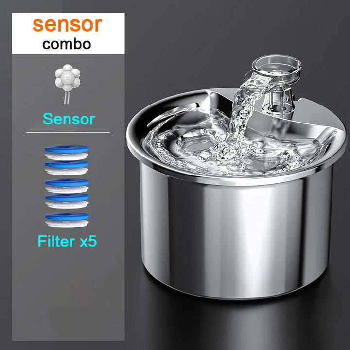 Fontaine à eau en acier inoxydable avec capteur, inclut 5 filtres pour une eau propre.