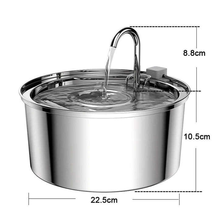 Fontaine pour animaux en inox, ronde, 22.5 cm, avec robinet pour eau propre et fraîche.