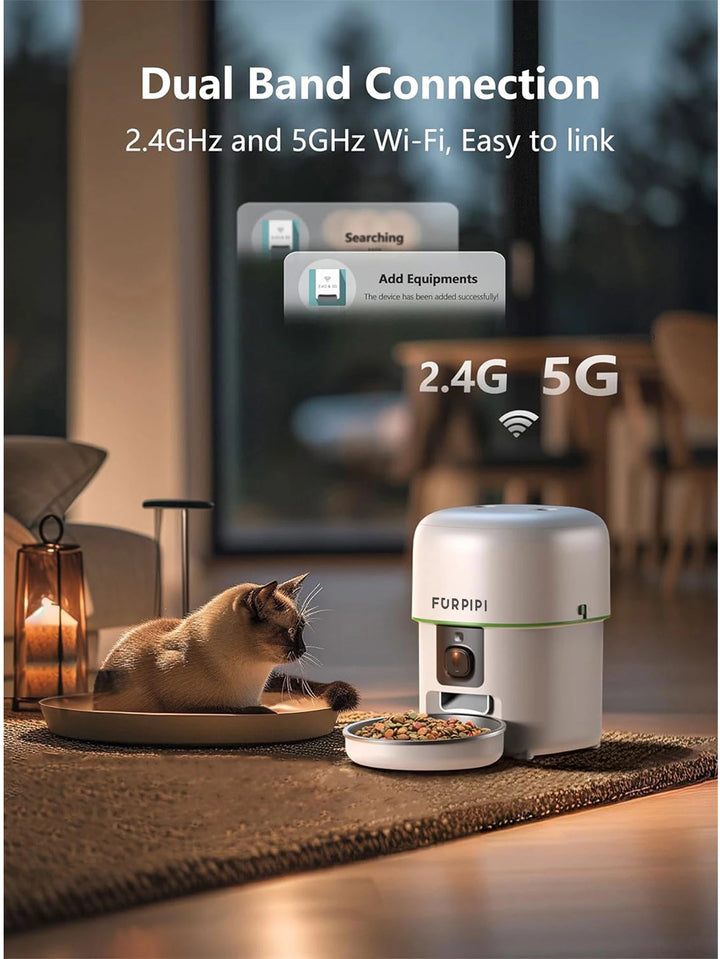 Distributeur de nourriture pour chat FURPIPI, connecté Wi-Fi 2.4GHz et 5GHz, design moderne, couleur blanche.