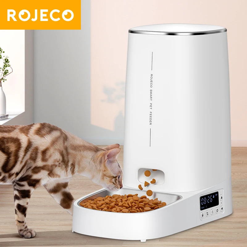 Distributeur automatique ROJECO pour animaux, blanc, en plastique, avec écran, idéal pour chats.
