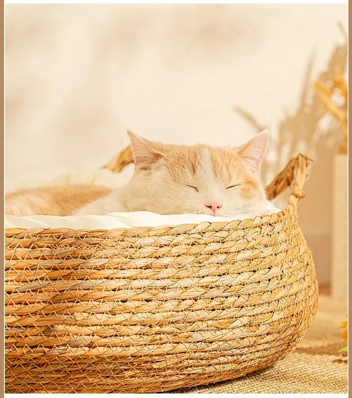 Panier pour chat en osier avec coussin blanc et oreilles de chat – modèle L’Oseraie Féline