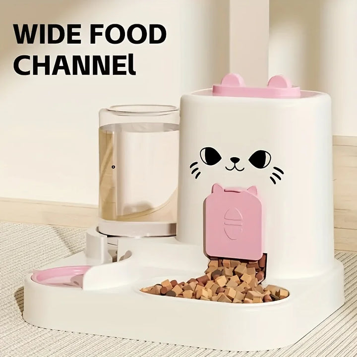 Distributeur de nourriture pour chats, couleur blanche et rose, avec large canal pour une alimentation facile.