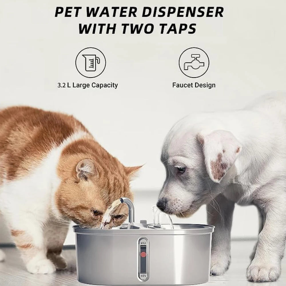 Distributeur d'eau pour animaux, 3,2 L, design avec deux robinets, idéal pour chats et chiens.