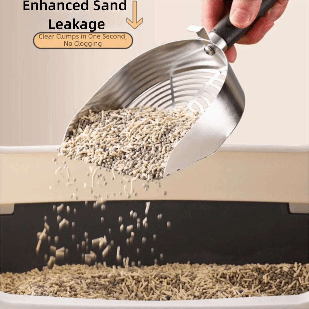 Pelle à litière pour chat en acier inoxydable avec manche bois ergonomique "Main Propre"