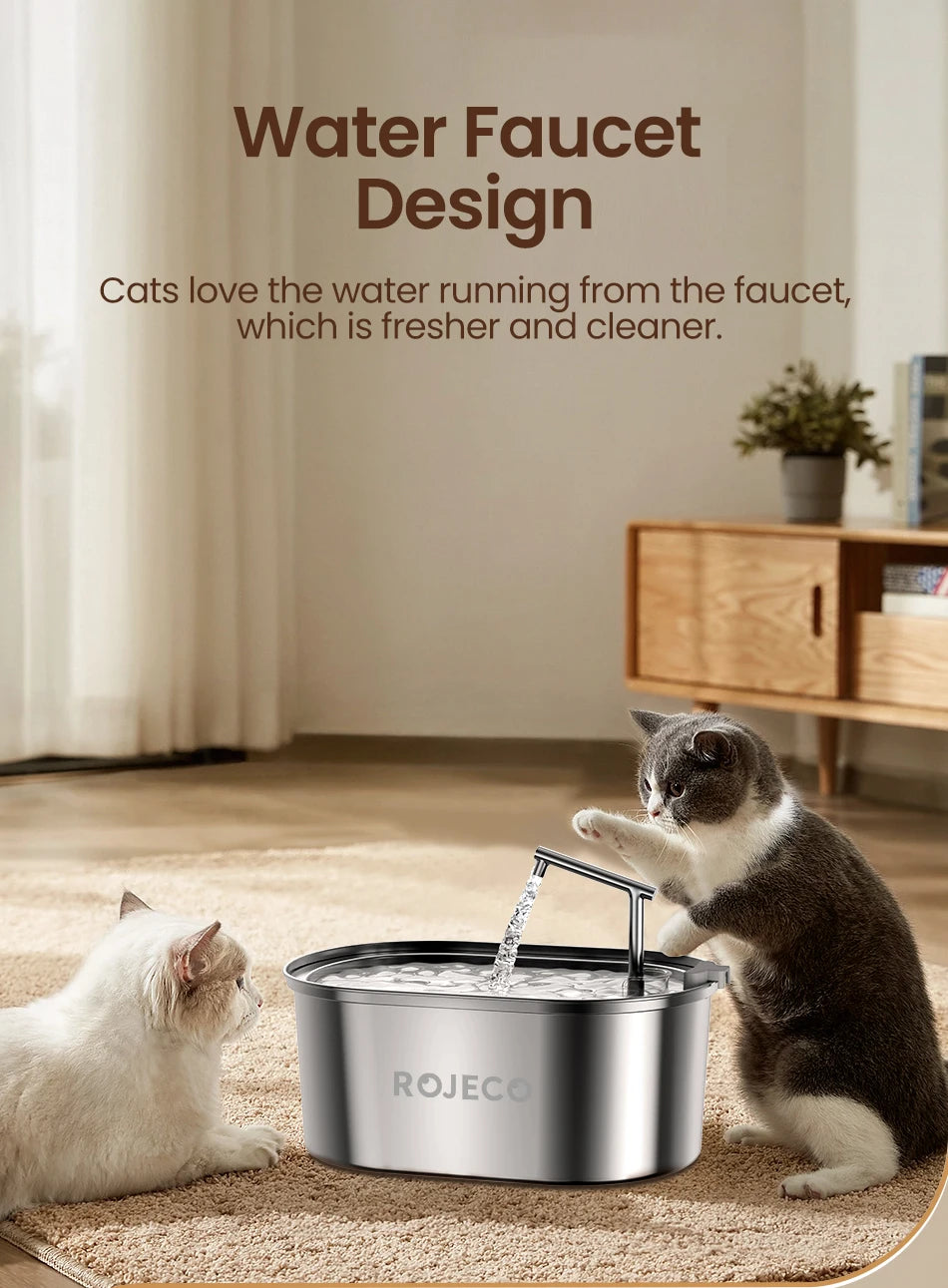 Fontaine d'eau pour chats, design en acier inoxydable, fournit de l'eau fraîche et propre.