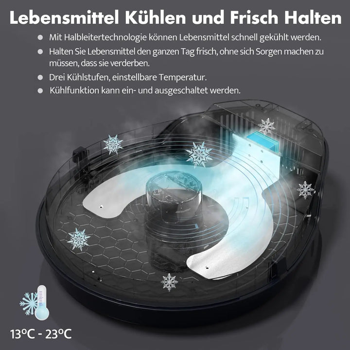 Système de refroidissement pour aliments, réglable 13°C à 23°C, avec trois niveaux de température.