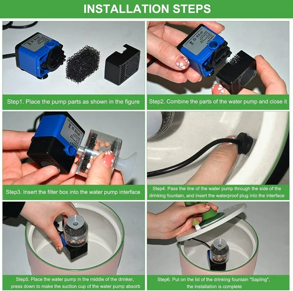 Pompe à eau compacte bleue, installation facile avec filtre, adaptée aux fontaines pour animaux.