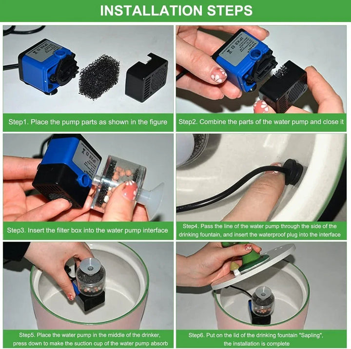 Pompe à eau compacte bleue, installation facile avec filtre, adaptée aux fontaines pour animaux.