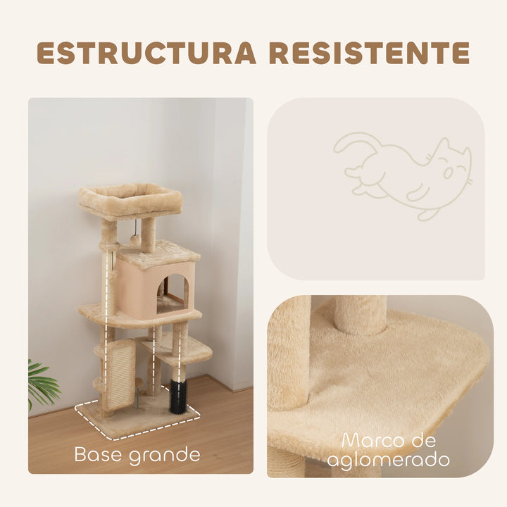 Arbre à chat 132 cm beige avec brosse intégrée et niche