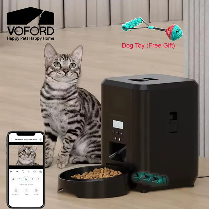 Distributeur de nourriture pour animaux noir avec application, incluant un jouet pour chien gratuit.