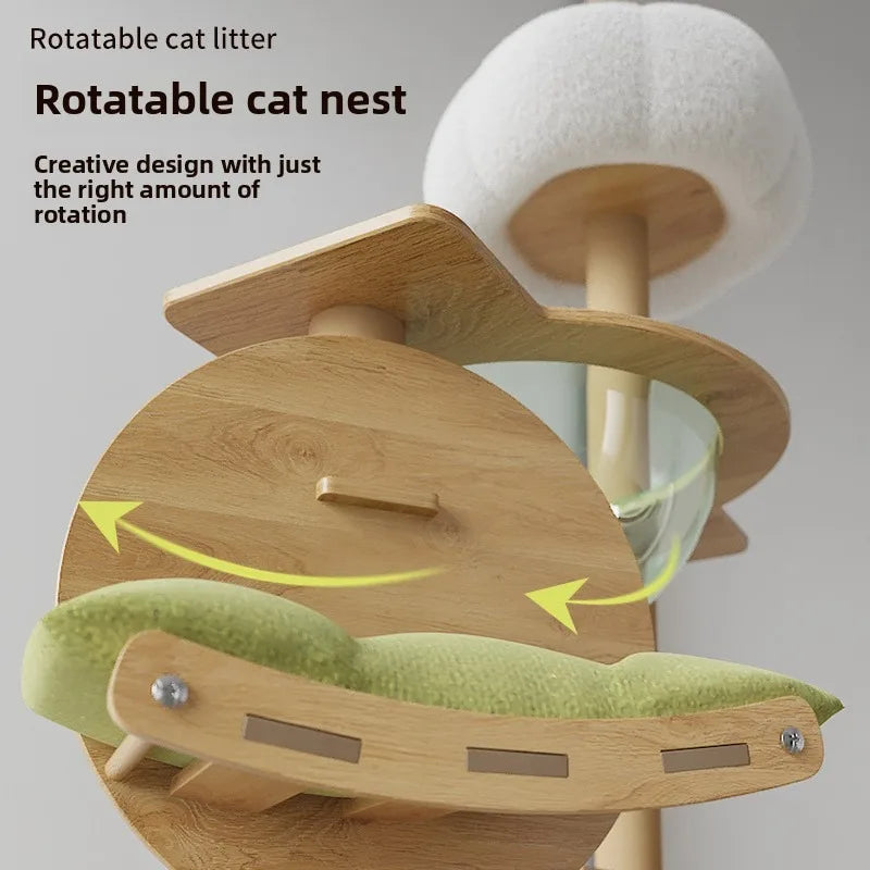 Arbre à chat en bois avec capsule spatiale et poteaux à griffer