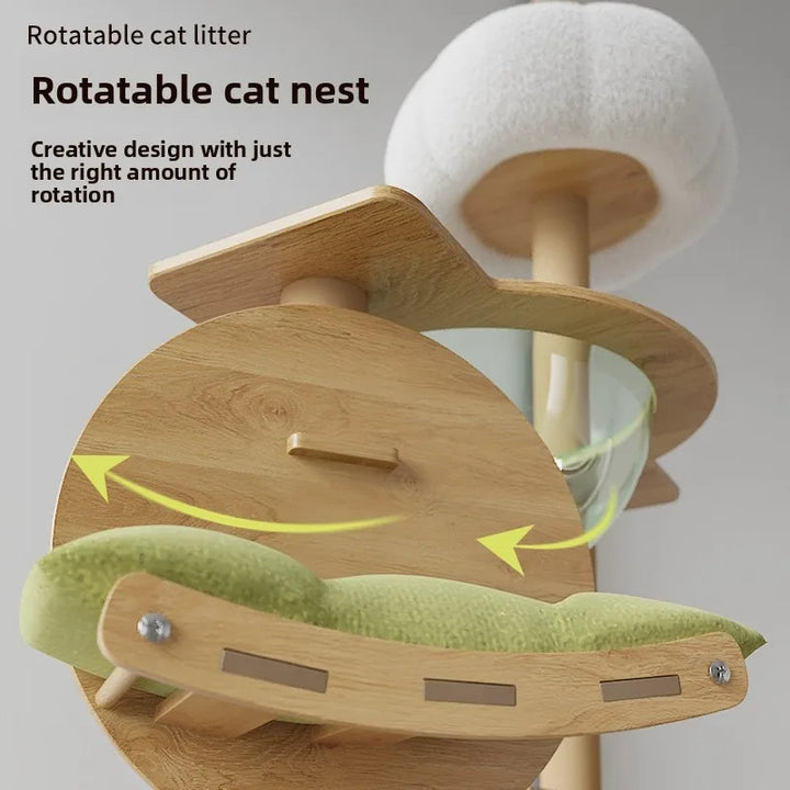 Arbre à chat en bois avec capsule spatiale et poteaux à griffer