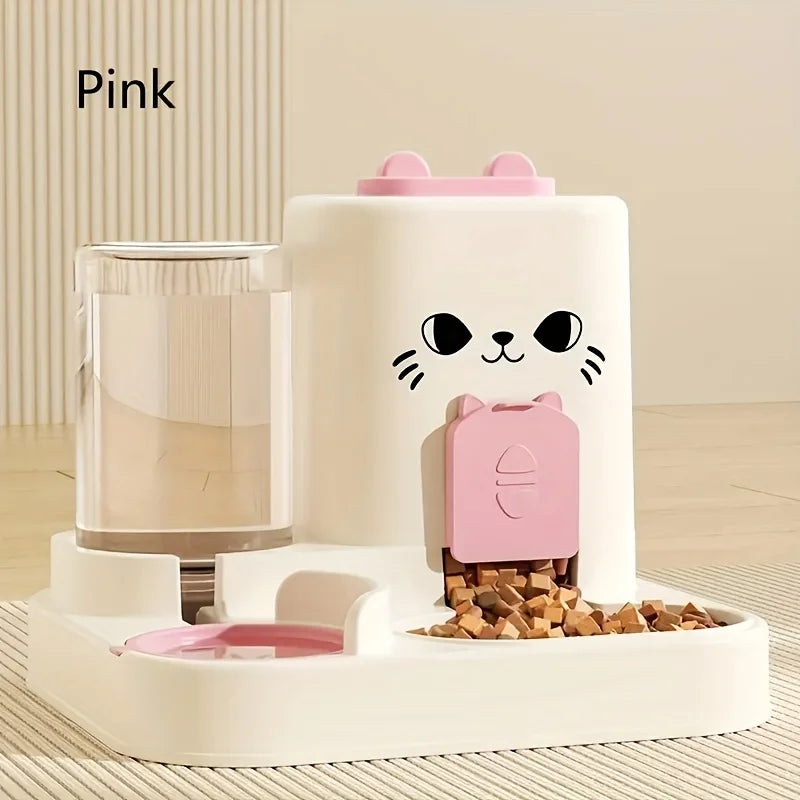Distributeur de nourriture pour chat rose, en plastique, avec reservoir et design mignon de chat.