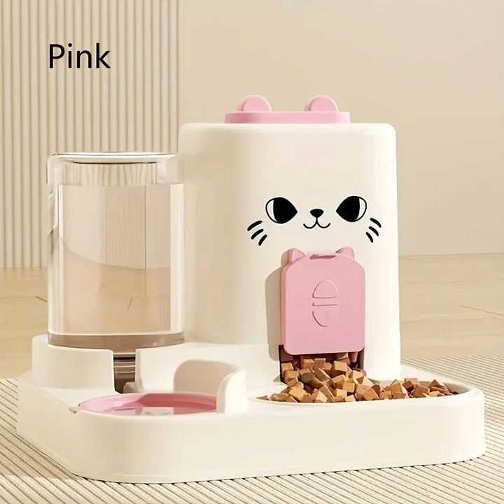 Distributeur de nourriture pour chat rose, en plastique, avec reservoir et design mignon de chat.