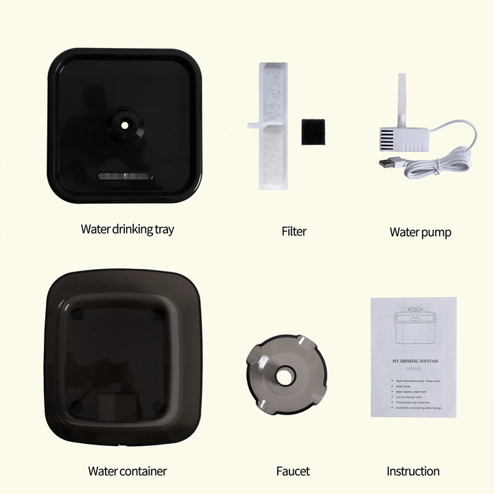 Fontaine à eau pour animaux, noire, avec réservoir, filtre et pompe, design apaisant pour les animaux.