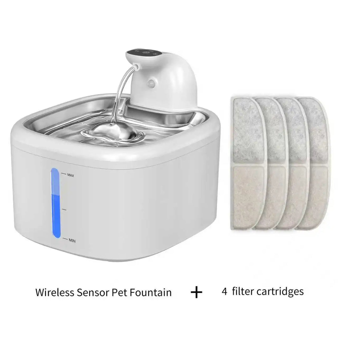 Fontaine pour animaux sans fil blanche avec 4 cartouches de filtre incluses.