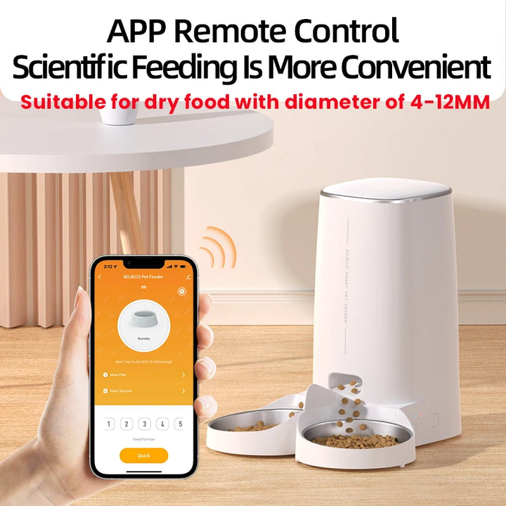 Distributeur de nourriture automatique blanc avec contrôle par application, adapté pour croquettes de 4-12 mm.