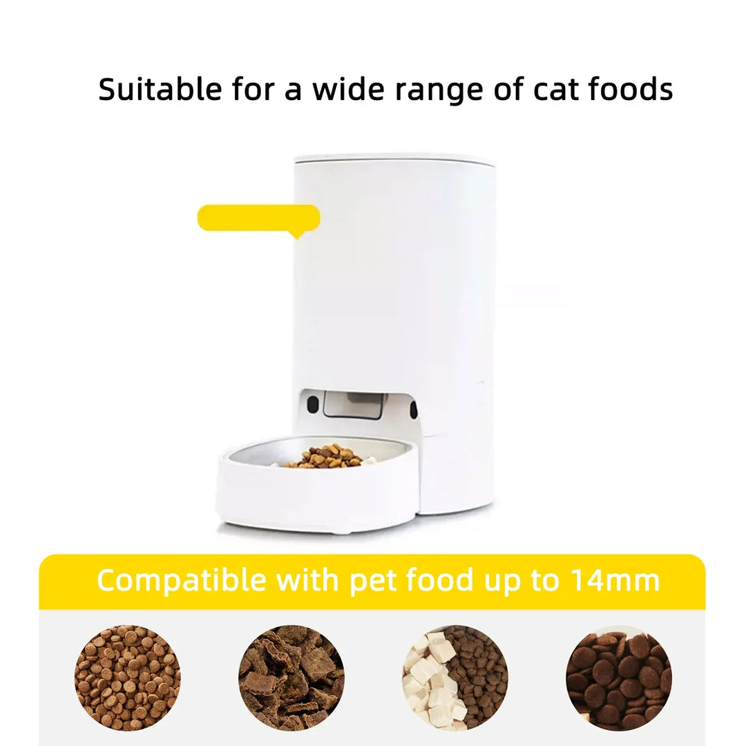Distributeur automatique de nourriture pour chat blanc, compatible avec croquettes jusqu'à 14 mm.