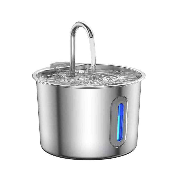 Fontaine d'eau en acier inoxydable avec bec verseur et lumière LED bleue, design moderne.