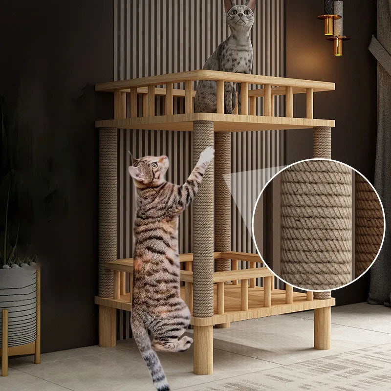 Arbre a chat design en bois - Meuble avec griffoir - Litière intégrée - Rectangulaire