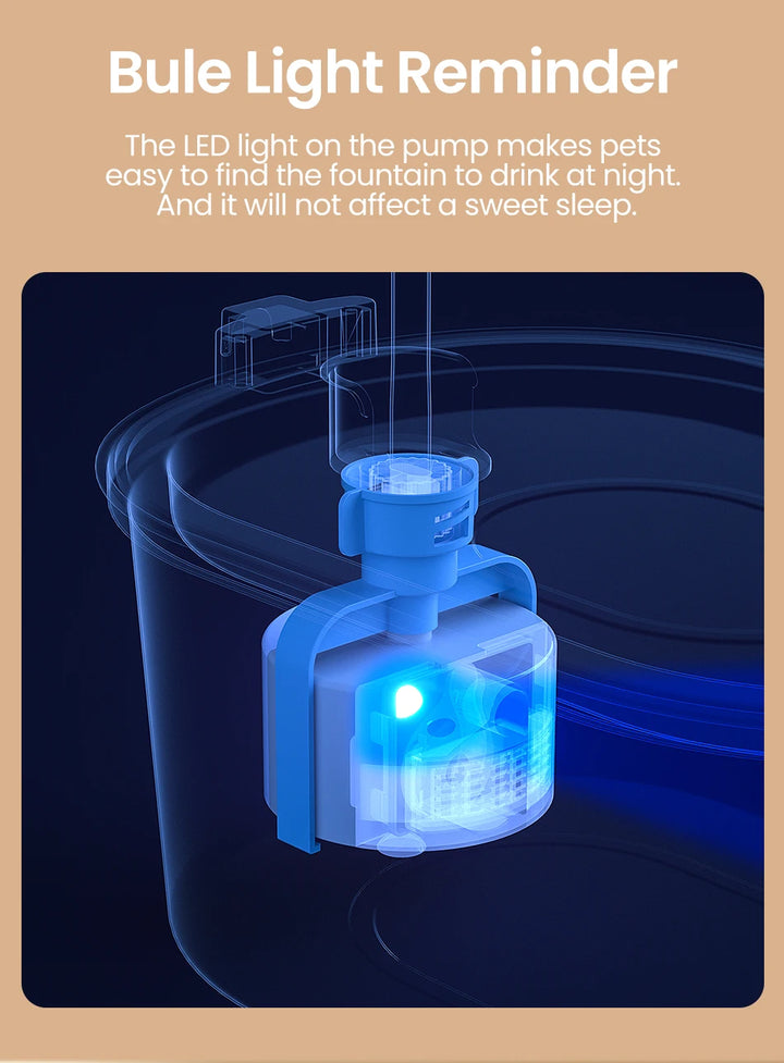 Pompe de fontaine LED bleue, facile à trouver pour animaux la nuit, ne dérange pas le sommeil.
