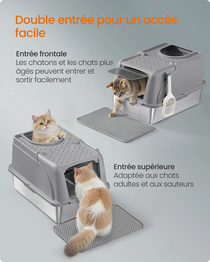 Bac à litière chat en acier inoxydable avec double entrée – Modèle "CleanSteel Premium"